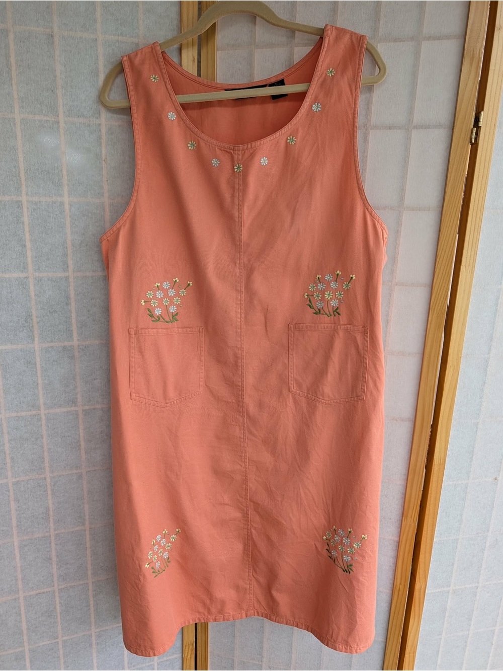 Sleeveless Coral Embroidered Pocket Dress